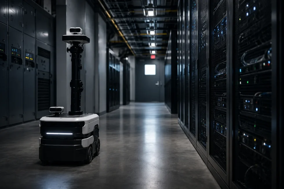 FacilityOps inspection robot in a data center aisle