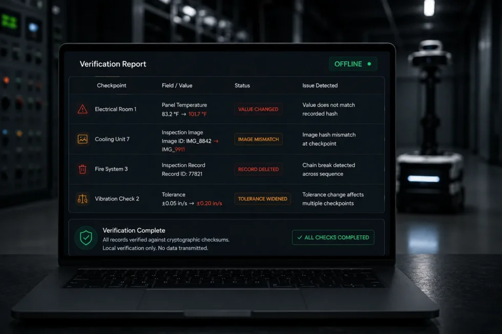 Laptop showing verified inspection findings beside an inspection robot