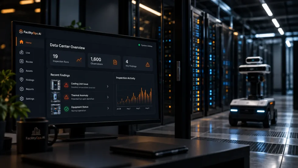 FacilityOps data center dashboard on a monitor with an inspection robot in the aisle