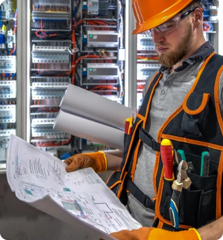 Electrician reviewing drawings in front of electrical panels