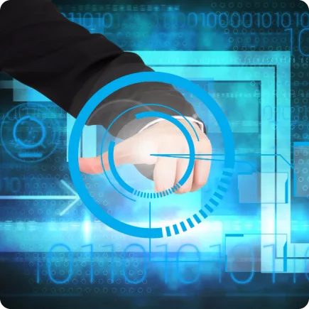 Hand selecting a control on a glowing digital interface