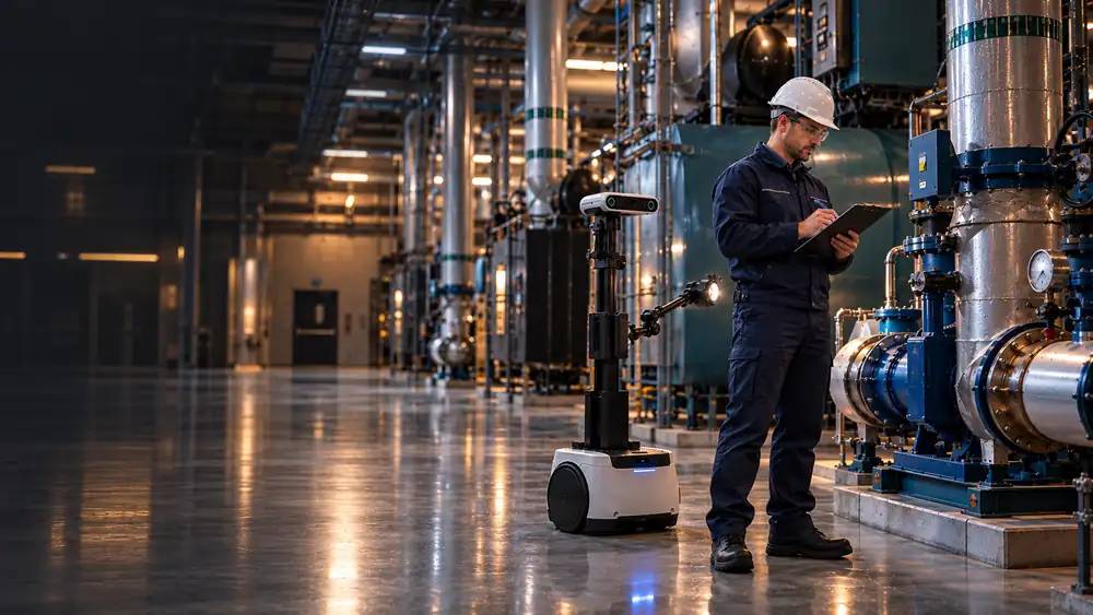 A building engineer with a clipboard checks pumps in a mechanical plant while a FacilityOps inspection robot works beside him