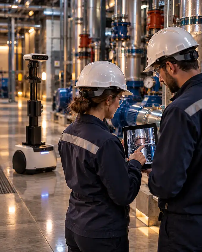 Two engineers review a photo of a pipe on a tablet in a mechanical room while a FacilityOps inspection robot stands nearby
