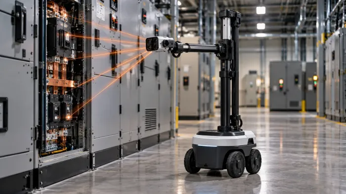 An autonomous inspection robot scans a row of electrical switchgear