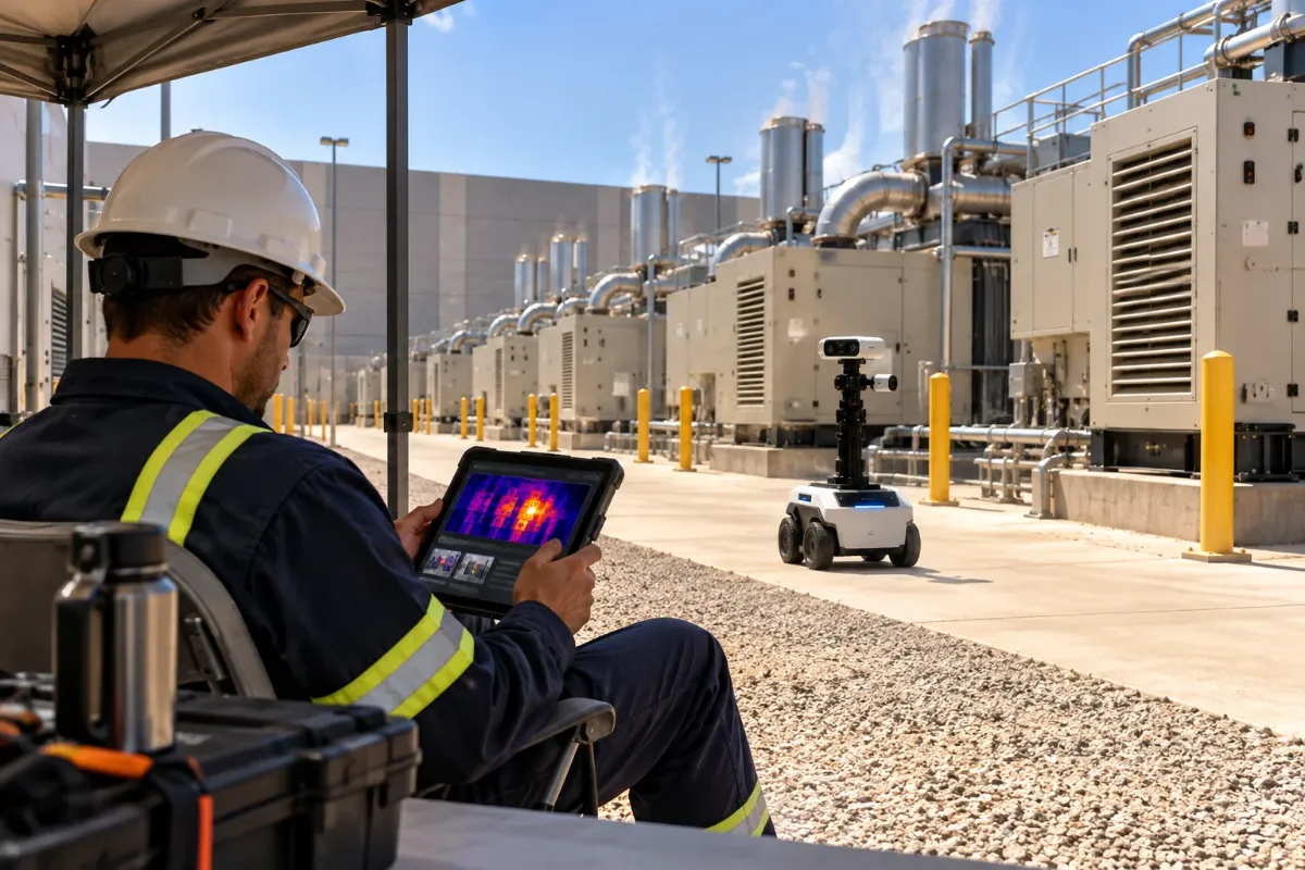 A technician reviews thermal results on a tablet