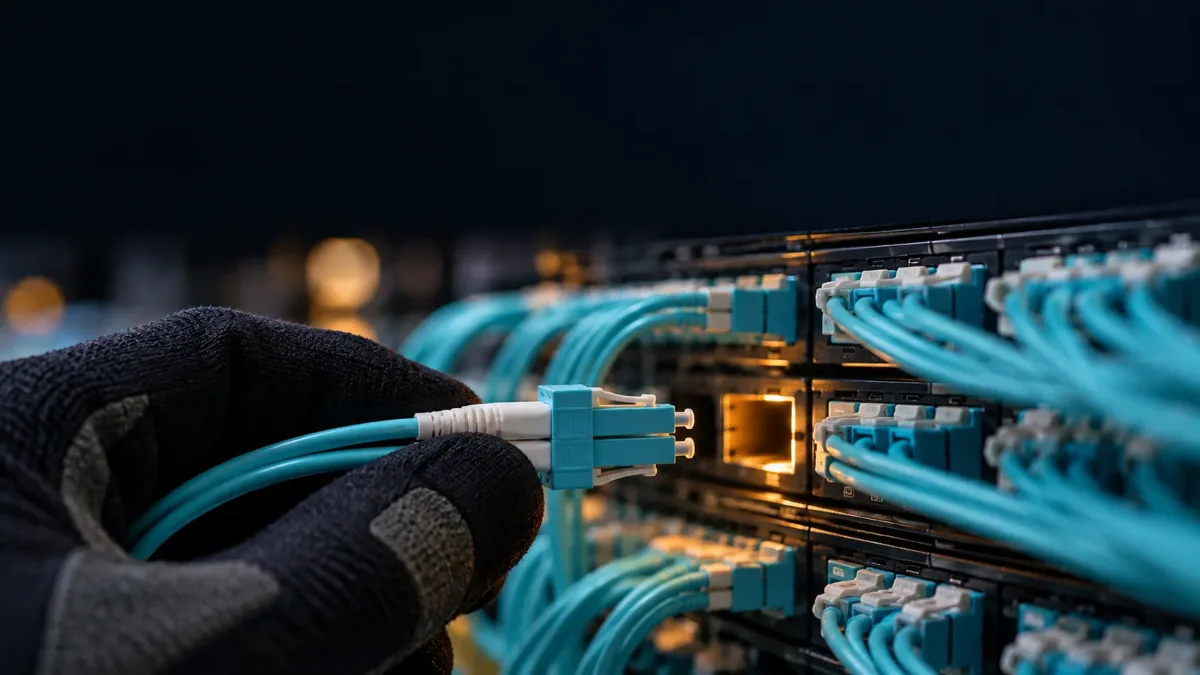 A gloved hand seats an aqua fiber connector into a patch panel