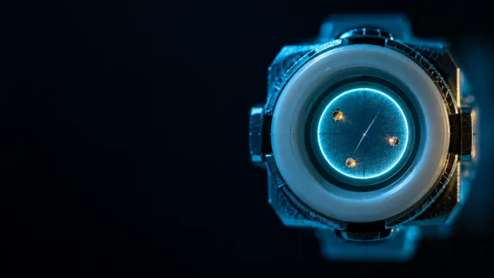 A fiber connector end face glowing cyan under inspection light