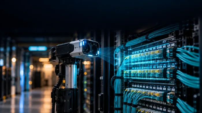 An inspection robot camera checks fiber connections on a data center rack