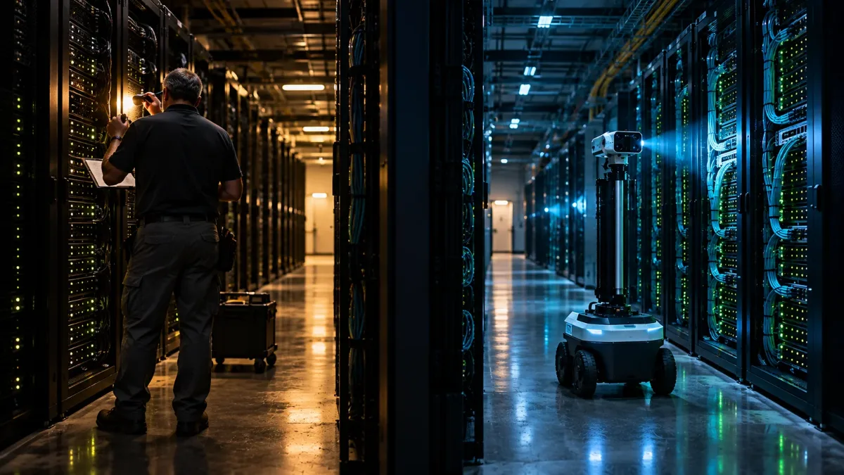 A technician and an inspection robot work parallel server aisles