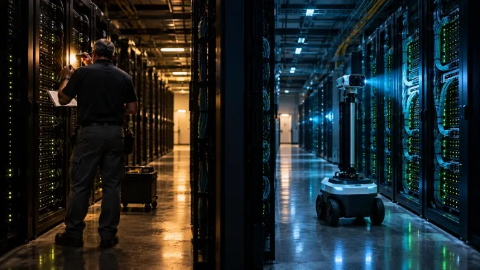 A technician and an inspection robot work parallel server aisles