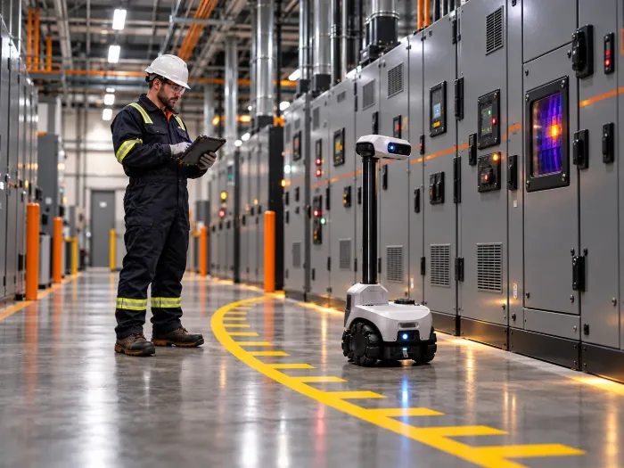 A technician with a tablet stands back while switchgear is scanned