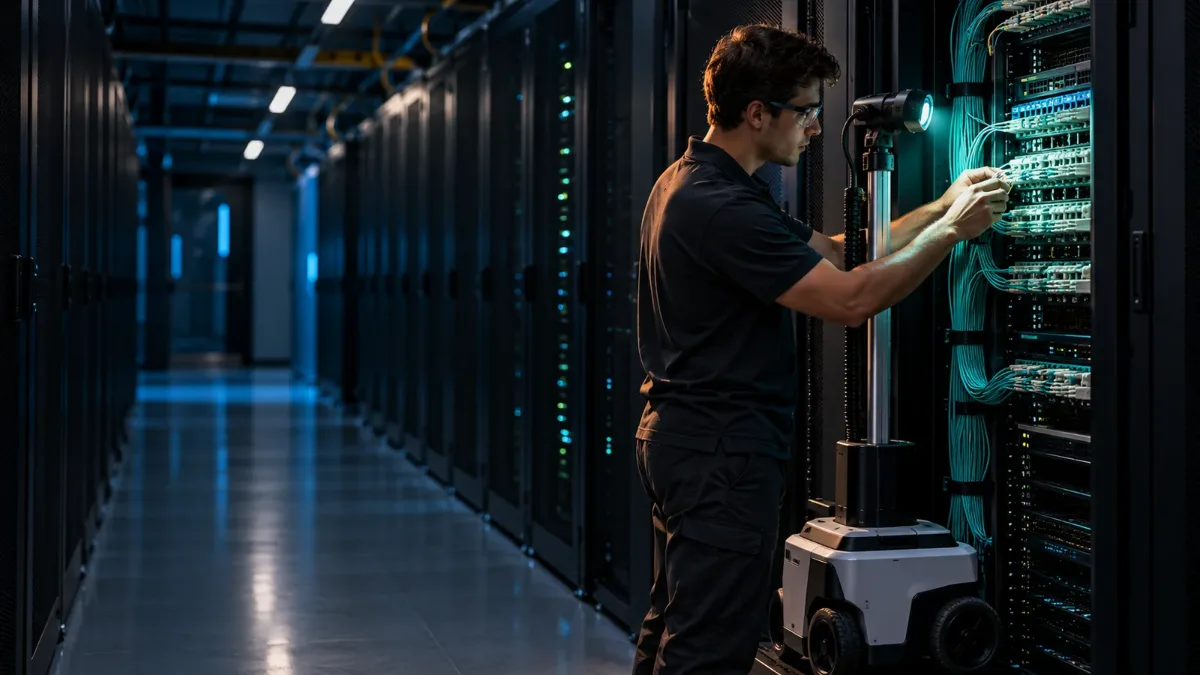 A technician plugs fiber into a training rack while an inspection robot checks the panel