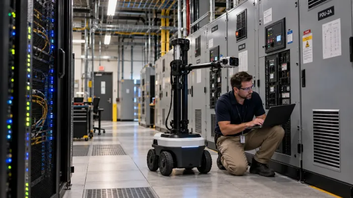 A technician works on a laptop in a data center electrical room