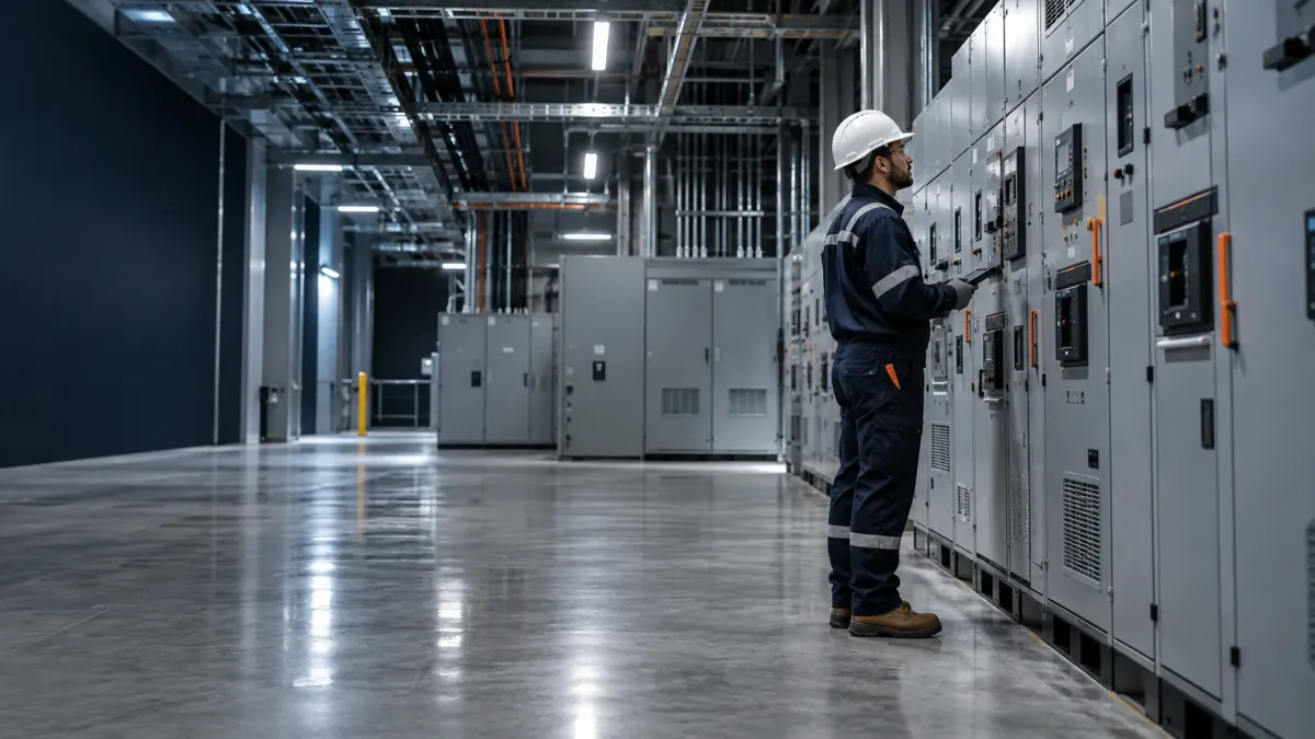 A technician inspects a long lineup of industrial switchgear