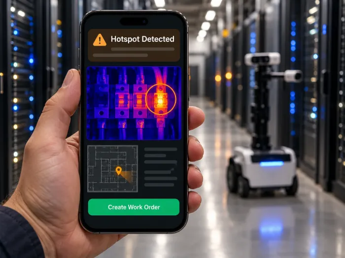 A technician’s phone shows a hotspot alert from an inspection robot