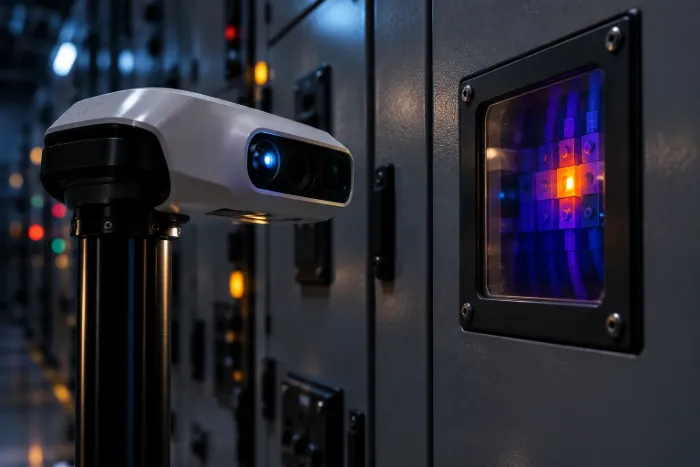 A camera reads a thermal image of switchgear through an infrared window