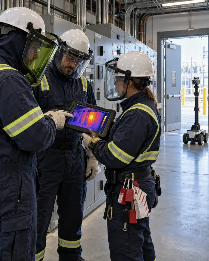 A crew in arc rated gear reviews a thermal image on a tablet in a switchgear room